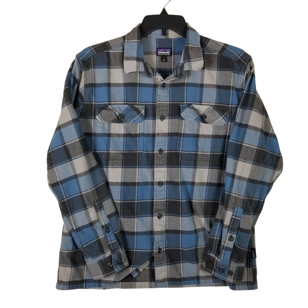 Patagonia Flannel Button Down Shirt Mens L Blue Grey Plaid Organic Cotton